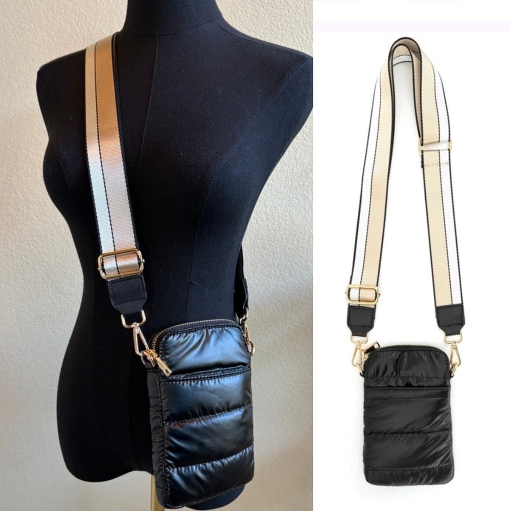 NWT Black Nylon Quilted Cellphone Crossbody Bag travel wallet removable strap